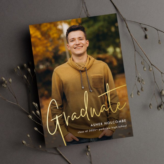 Modern Script Graduate Simple Photo Graduation Foil Invitation (Creator Uploaded)
