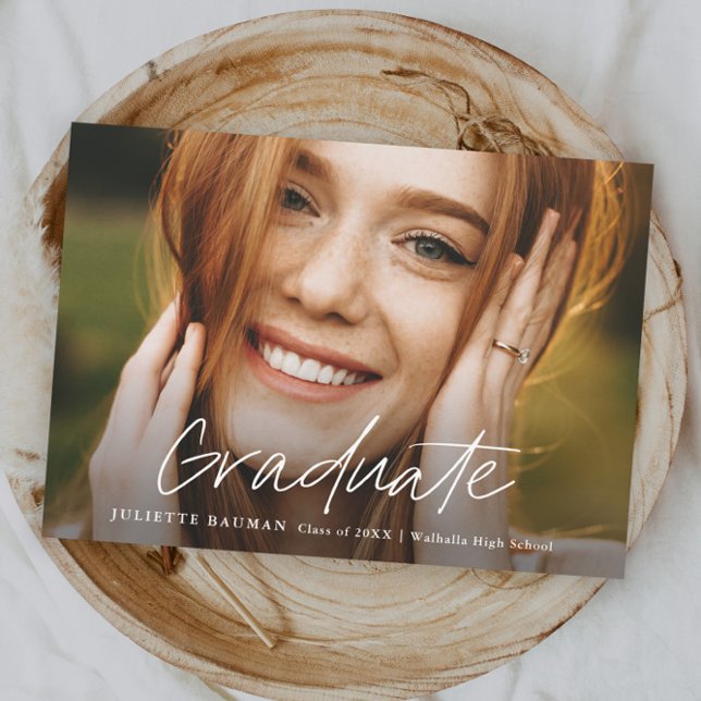 Modern Script Graduate Simple Photo Graduation Invitation (Simple modern script photo graduation invitation announcement.)