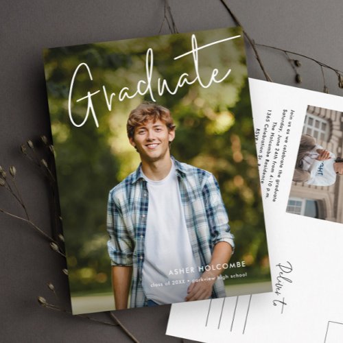 Modern Script Graduate Simple Photo Graduation Invitation Postcard