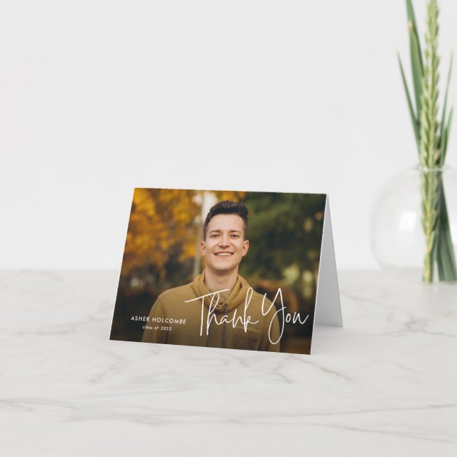 Modern Script Graduate Simple Photo Graduation Letterpress Thank You Card (Front)