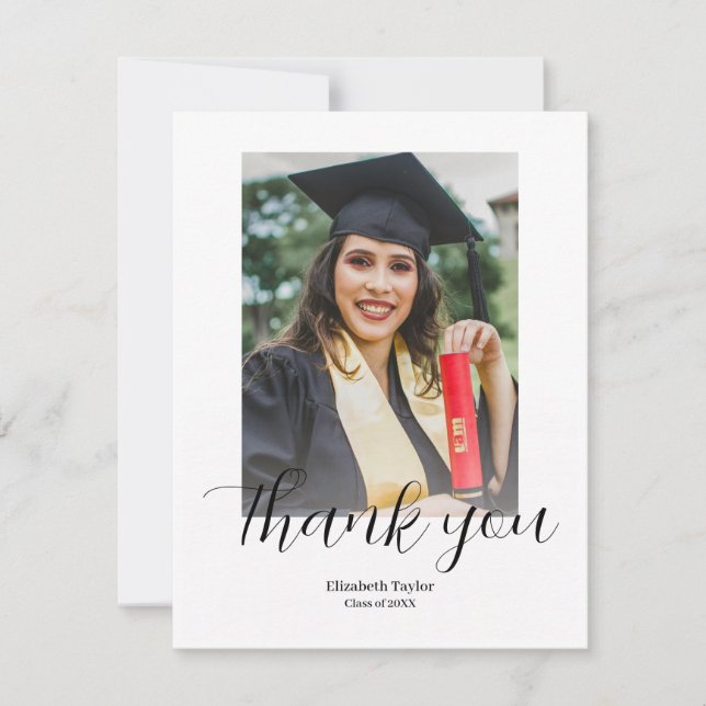 Modern Script Graduate Simple Photo Graduation Thank You Card (Front)