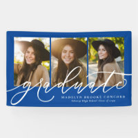 Modern script graduate three photo blue graduation