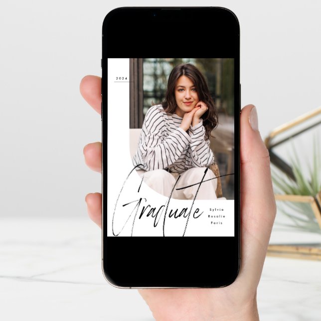 Modern script graduate unique two photo graduation announcement (Front Digital)