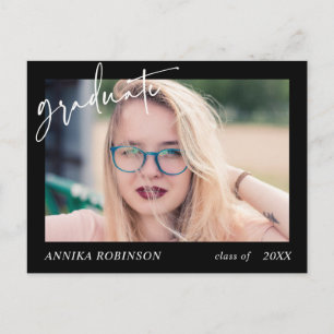Modern Script graduation announcement on Black Postcard