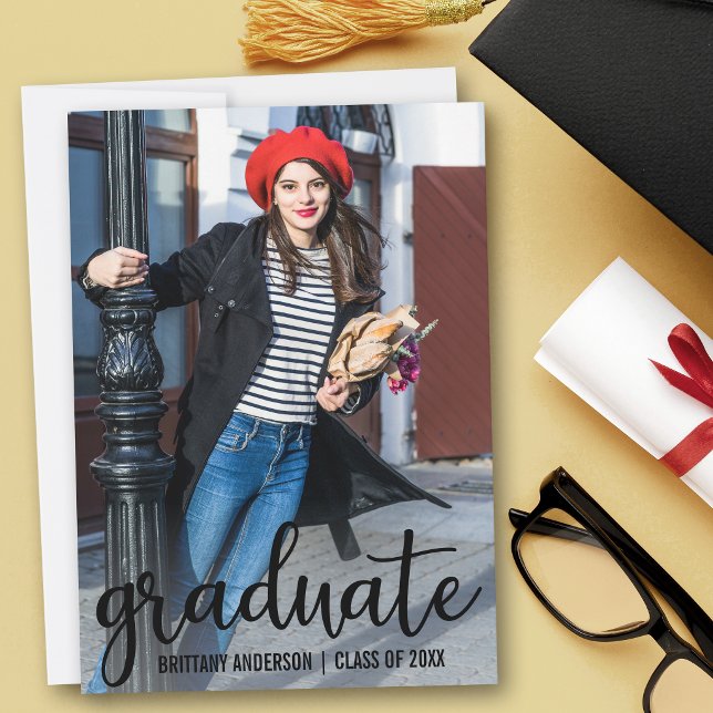 Modern Script Graduation Announcement Photo Card (Customize to add text to back of card.)