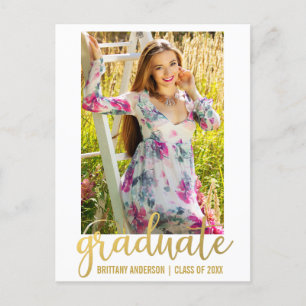 Modern Script Graduation Announcement Photo Gold W Postcard