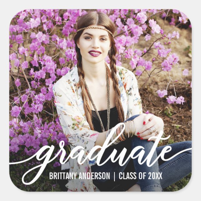 Modern Script Graduation Announcement Photo Square Sticker (Front)