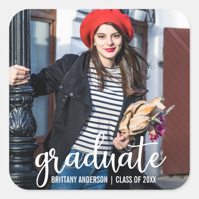 Modern Script Graduation Announcement Photo Square Sticker (Front)