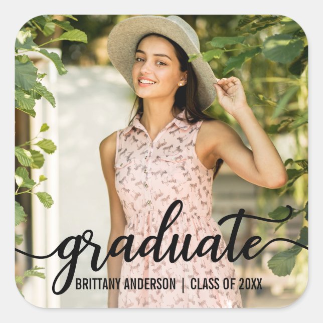 Modern Script Graduation Announcement Photo Square Sticker (Front)