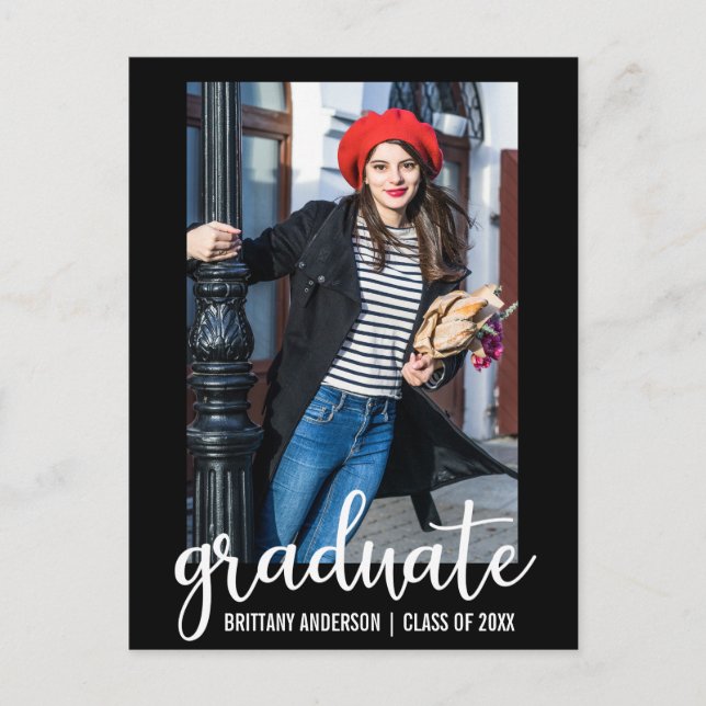 Modern Script Graduation Announcement Photo WB Postcard (Front)