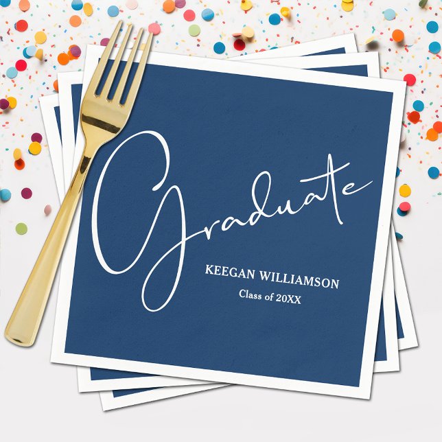 Modern Script Graduation Blue Napkins (Modern white script on blue   graduation party napkins, paper plates in our store)