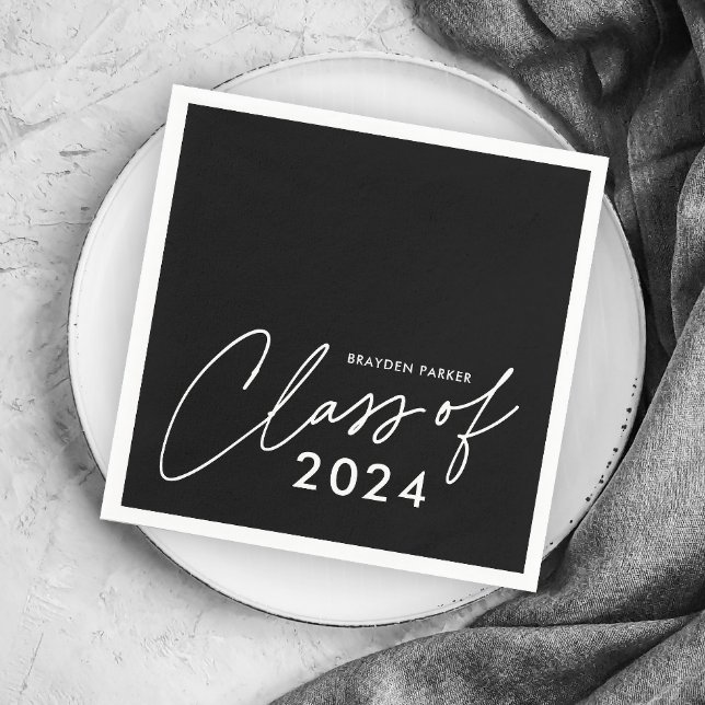 Modern Script Graduation Class Napkins (Simple Class of 2024 (editable year) black and white graduation party napkins.)