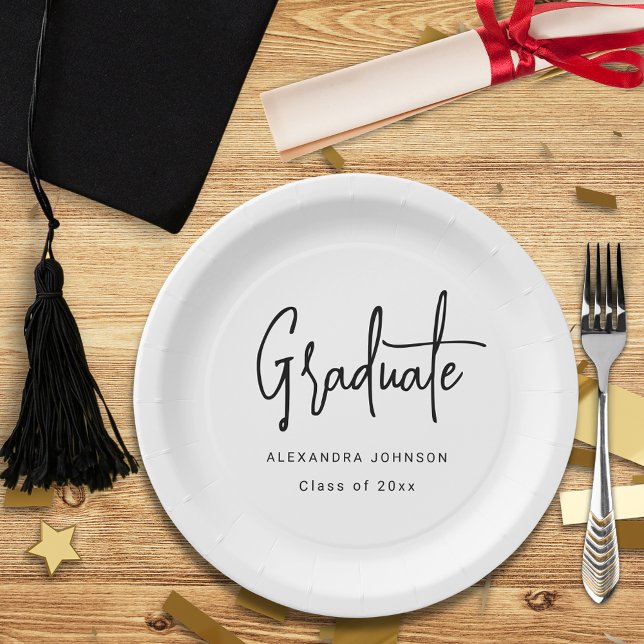 Modern Script Graduation Party Custom Paper Plates (Trendy modern black script graduation party custom white paper plate with graduate name and class of)