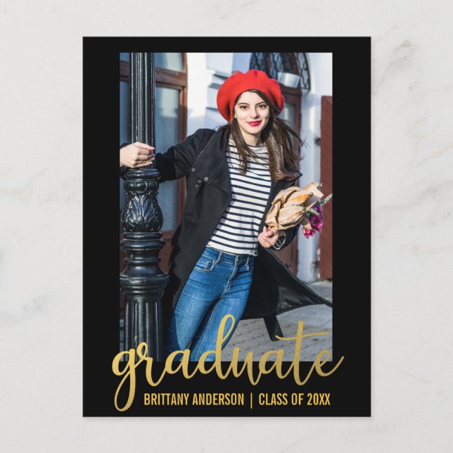 Modern Script Graduation Party Invitation Gold Postcard (Front)