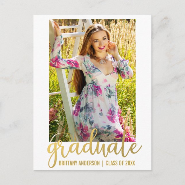 Modern Script Graduation Party Invitation Gold W Postcard (Front)