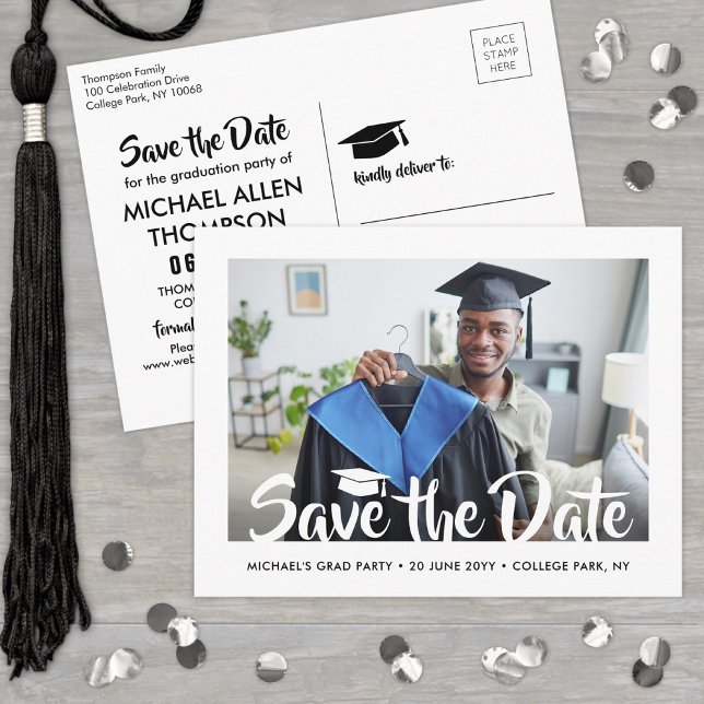 Modern Script Graduation Party Photo Save the Date Postcard (Creator Uploaded)