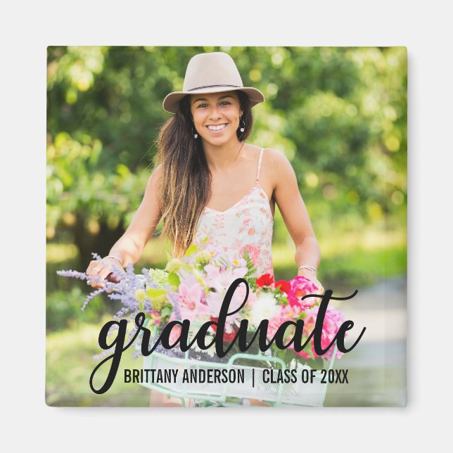 Modern Script Graduation Photo B Sq Magnet (Front)