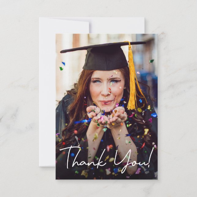Modern Script Graduation Photo Custom message Thank You Card (Front)