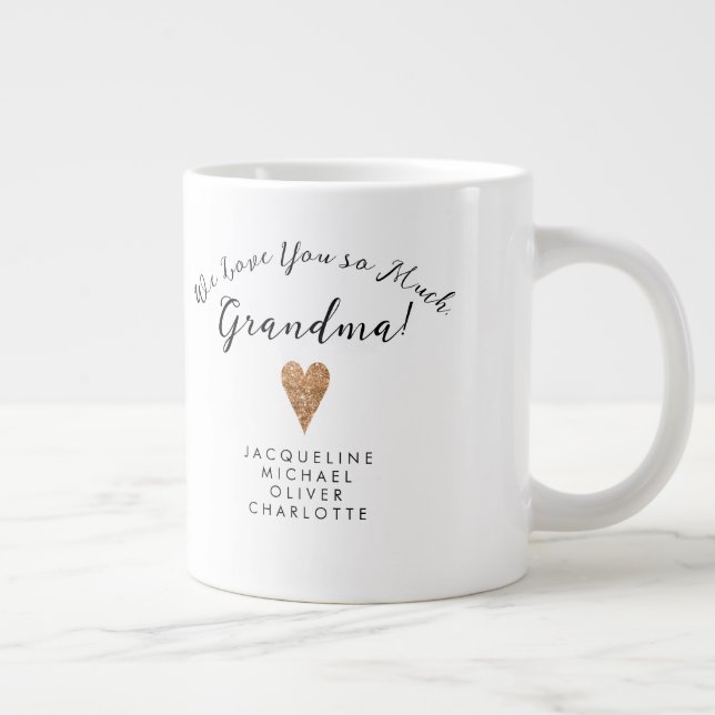 Modern Script Grandma Rose Gold Heart w Names Giant Coffee Mug (Right)