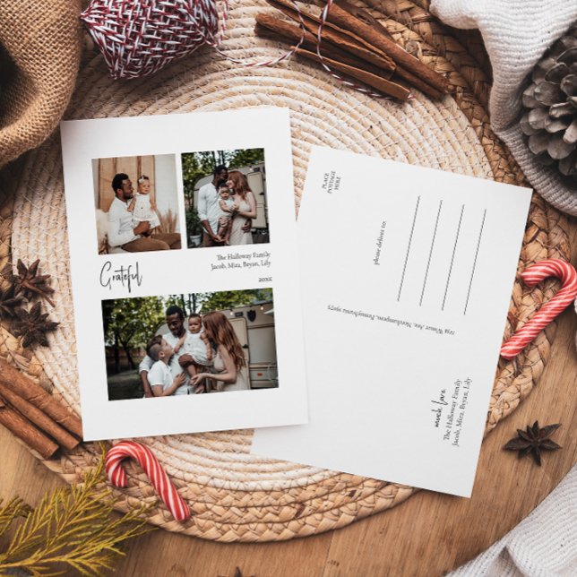 Modern Script Grateful Centered Three-Photo Holiday Postcard (Creator Uploaded)
