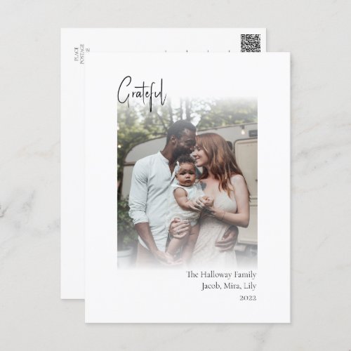 Modern Script Grateful Vertical Faded Photo Holiday Postcard