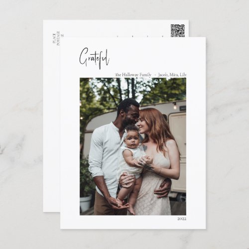 Modern Script Grateful Vertical Single Photo Holiday Postcard