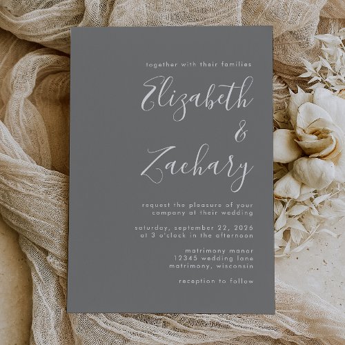 Modern Script Gray White Wedding Invitation