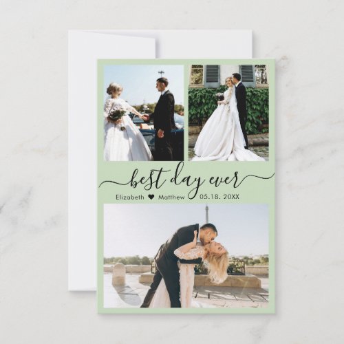 Modern Script Green 3 Photo Collage Wedding Thank You Card