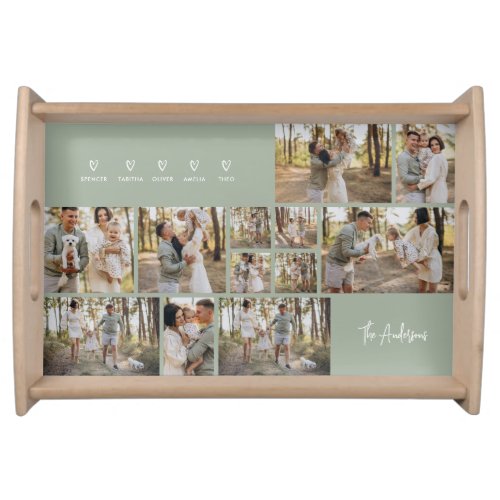 Modern script green 5 family photo collage gift serving tray