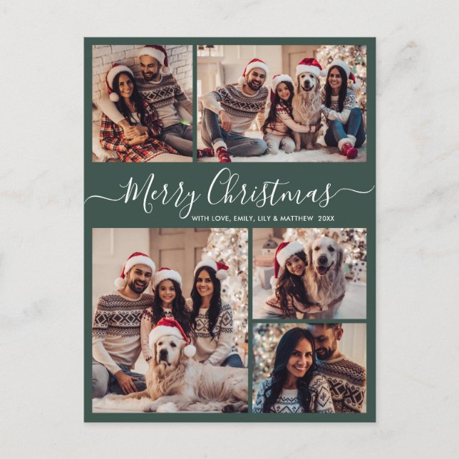 Modern Script Green 5 Photo Collage Christmas  Postcard (Front)