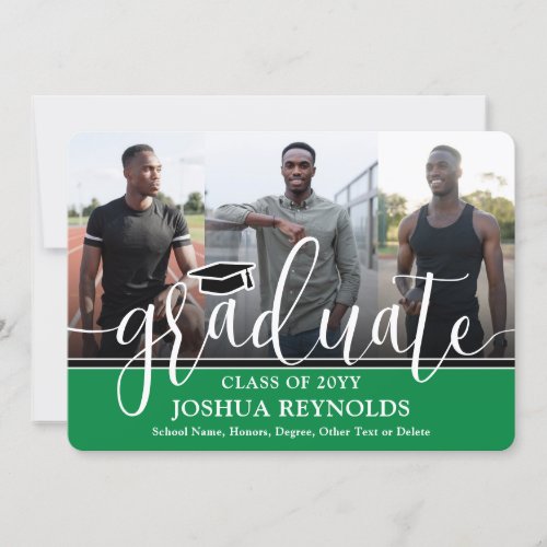 Modern Script Green and White 4 Photo Graduation Announcement