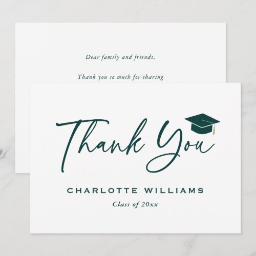 Modern Script Green and White Graduation Cap Thank You Card