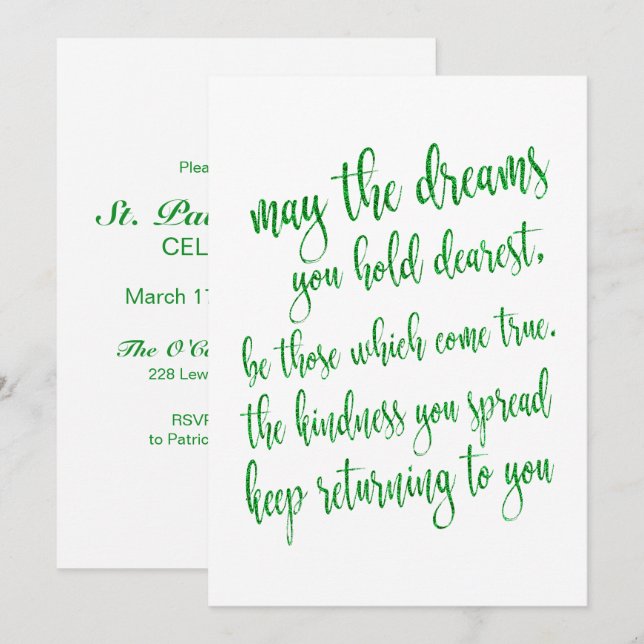 Modern Script Green Glitter St Patrick's Day Party Invitation (Front/Back)