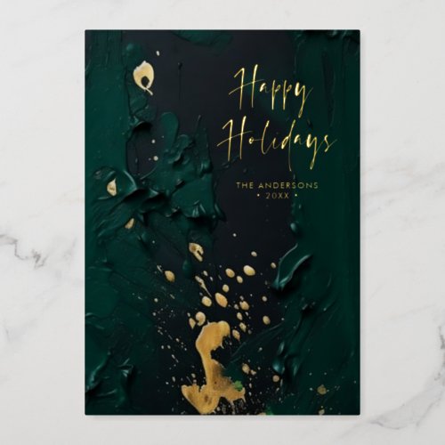 Modern Script Green Gold Abstract Paint Christmas Foil Holiday Card