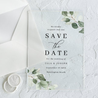 Modern Script Green Leaf Wedding Save The Date Acrylic Invitations