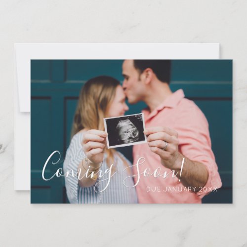 Modern Script Green Stripes Coming Soon Pregnancy Announcement