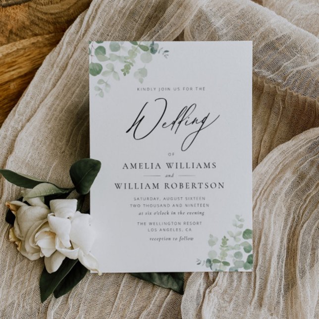 modern script greenery eucalyptus wedding invitation (Creator Uploaded)