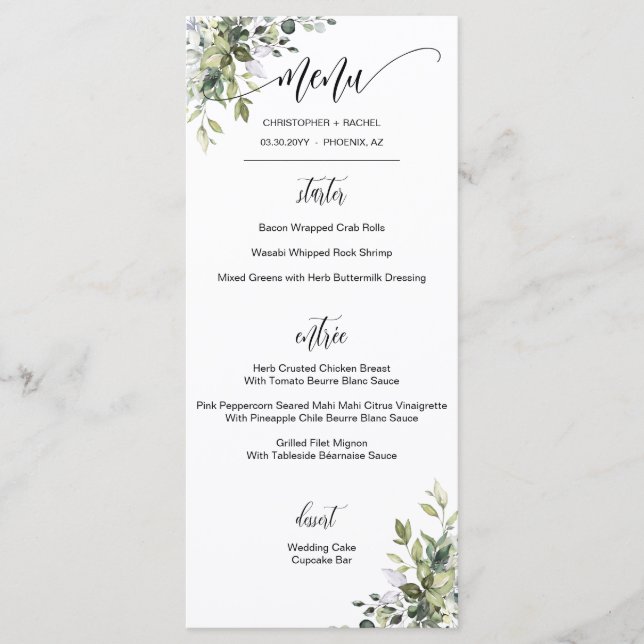 Modern Script Greenery Garden Wedding Event Menu (Front)