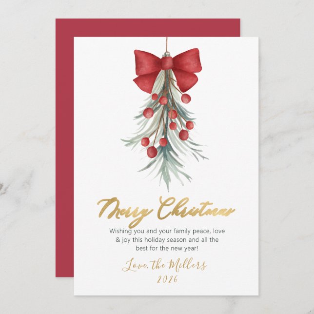 Modern Script Greenery Red Berries Christmas  Holiday Card (Front/Back)