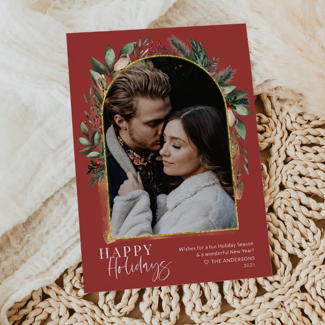 Modern Script Greenery Red Gold Arch Photo Holiday Card (Creator Uploaded)