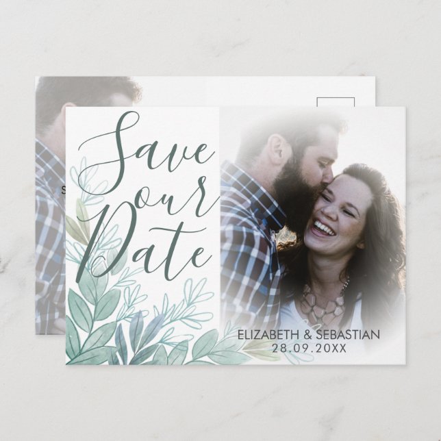 Modern Script Greenery Wedding Save the Date Announcement Postcard (Front/Back)