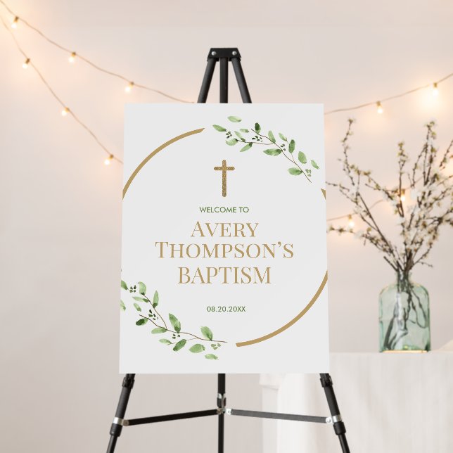 Modern Script Greenery wreath Gold cross Baptism Foam Board (In Situ (Stand))