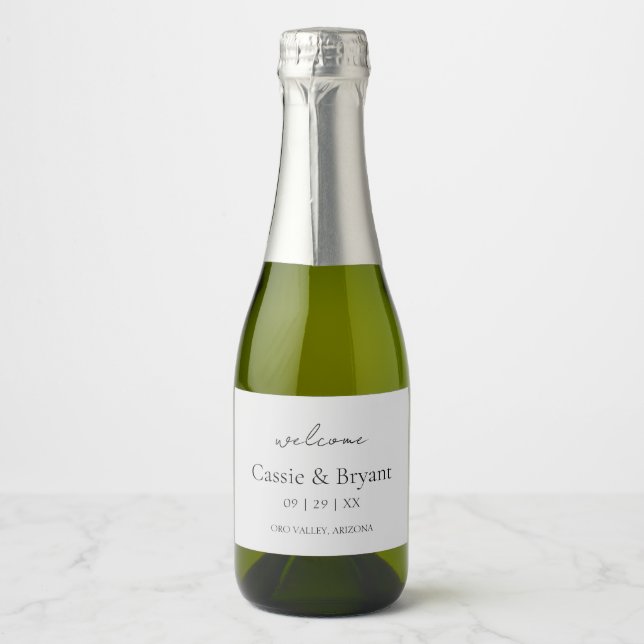 Modern Script Grey Elegant Wedding Welcome Gift Sparkling Wine Label (Front)