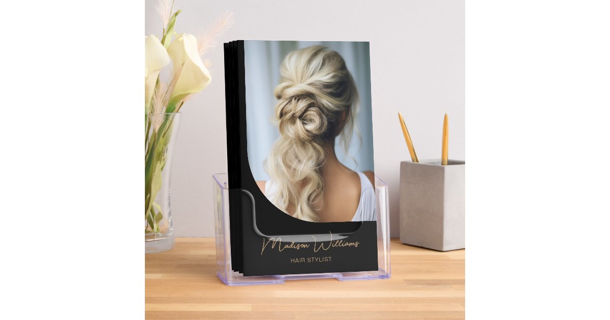 Modern Script Hair Stylist Black and Gold Tri-Fold Brochure | Zazzle