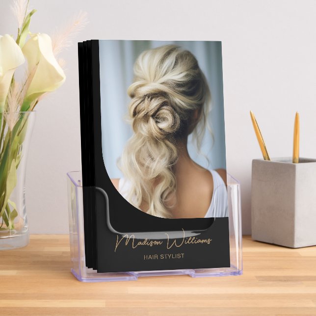 Modern Script Hair Stylist Black and Gold Tri-Fold Brochure (Insitu)