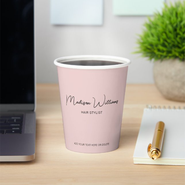 Modern Script Hair Stylist Salon Business Pink Paper Cups (Insitu)