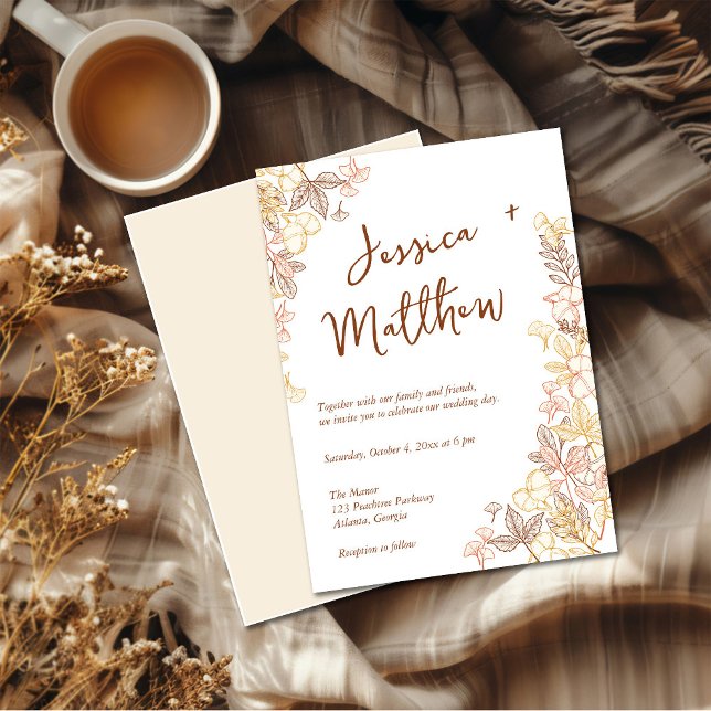 Modern Script Hand-drawn Autumn Foliage Wedding Invitation (Creator Uploaded)