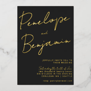 Modern Script Handwriting Black and Gold Wedding Foil Invitation