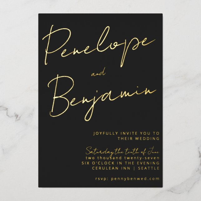 Modern Script Handwriting Black and Gold Wedding Foil Invitation (Front)