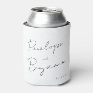 Modern Script Handwriting Black and White Wedding Can Cooler